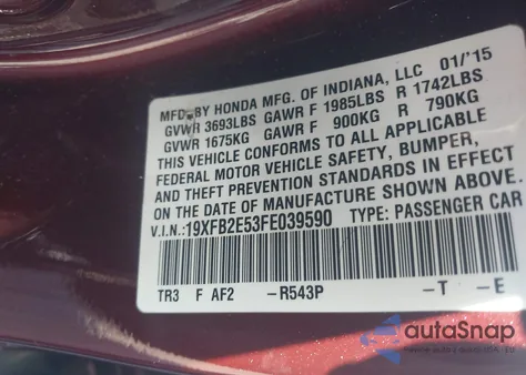 2015 Honda Civic Lx from USA, damaged, VIN 19XFB2E53FE039590